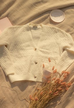 White Heart Button Glimmer Soft Knit Cardigan