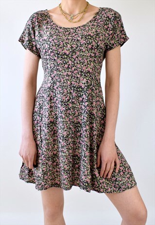 VINTAGE 90S FLOWERY COTTON MINI BOHO DRESS - SMALL