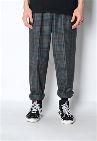 VINTAGE 80S UNISEX DARK COLOURFUL CHECK WOOL BLEND PANTS