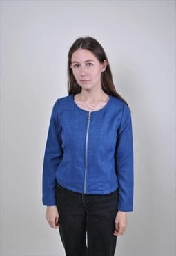 Vintage 90s blue blouse, zip up long sleeve blouse, cropped 