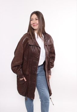 Vintage 90s leather jacket, brown color women trench coat