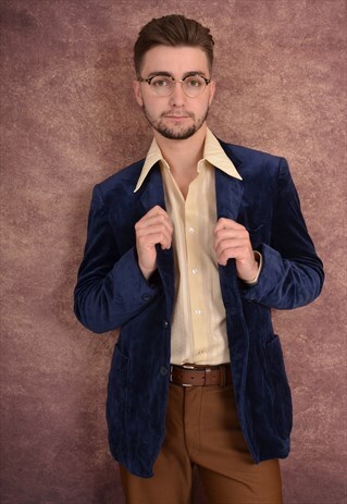 VINTAGE 80'S VELVET FITTED SUIT HIPSTER JACKET MIDNIGHT BLUE