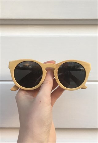 WOMENS VINTAGE STYLE BEIGE WOODEN LOOK ROUND SUNGLASSES