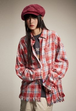 Tie-dye ripped shirt lumberjack top western blouse in red