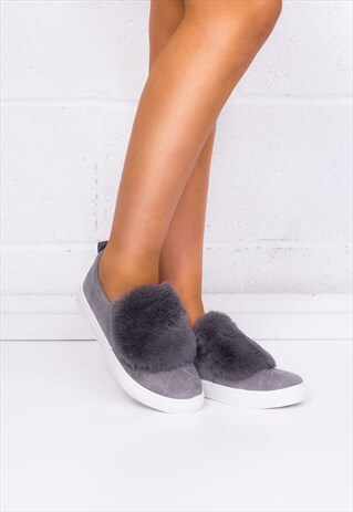 BONBON FURRY FLAT LOAFER SHOES - GREY SUEDE STYLE