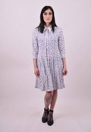 VINTAGE 70'S CUTE BLUE & WHITE CRAZY PRINT DAY DRESS 10 12