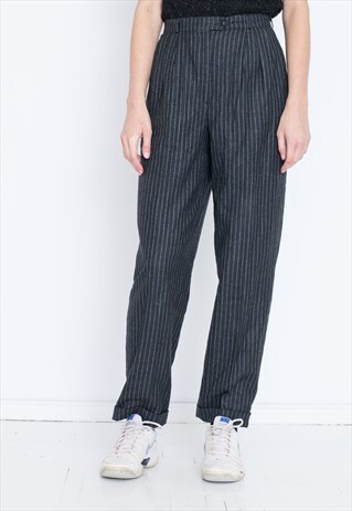 VINTAGE BLACK STRIPED HIGH WAIST RETRO TROUSERS