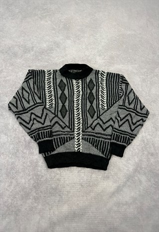 VINTAGE KNITTED JUMPER ABSTRACT PATTERNED GRANDAD SWEATER