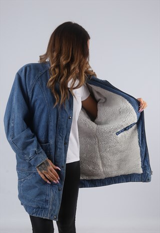 VINTAGE SHERPA DENIM BOMBER JACKET OVERSIZED UK 16 XL (9KJI)