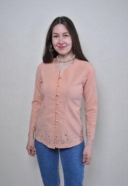 90s cute flowers blouse, vintage pearl buttons evening shirt