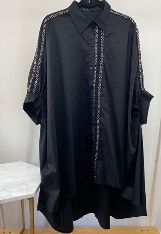 EYELET EMBELLISHED OVERSIZED SHIRT DRESS IN BLACK