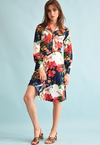70'S RETRO FLORAL PRINT FESTIVAL SUMMER MIDI DRESS