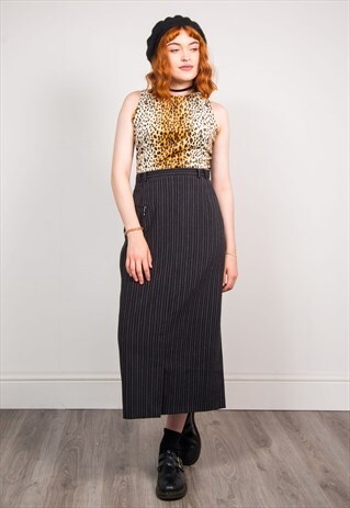 90'S VINTAGE BLACK PINSTRIPE PENCIL MIDI SKIRT