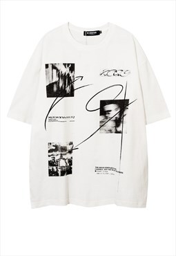 Gothic print t-shirt Y2K shadow slogan tee in white