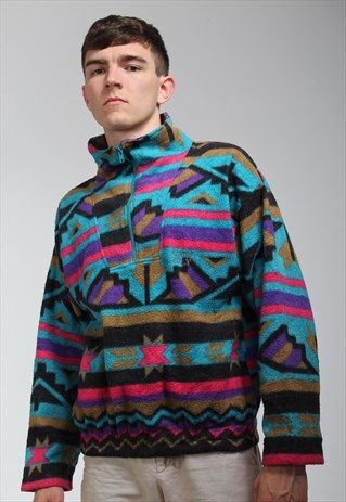 VINTAGE BRIGHT FESTIVAL AZTEC PATTERN 1/2 ZIP FLEECE