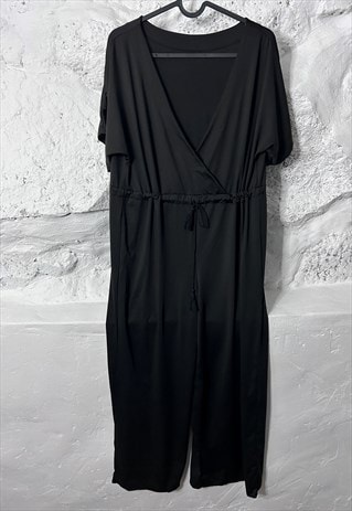 Black Minimal Drawstring Long Jumpsuit - S - M