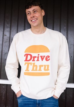Drive Thru Men's Slogan Sweatshirt with Burger Graphic