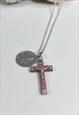 1960'S SILVER & PINK CROSS AND SAINT NECKLACE