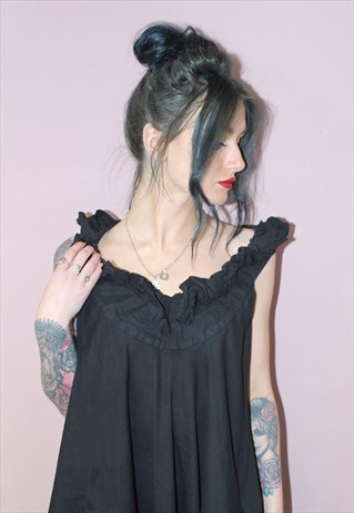 90S VINTAGE STYLE BLACK RUFFLED SHIFT MIDI DRESS SUMMER DAY