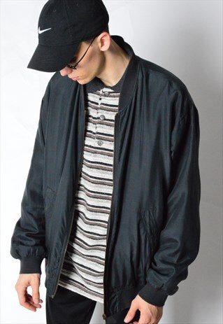 VINTAGE 90S BLACK MINIMALIST SILK BOMBER JACKET