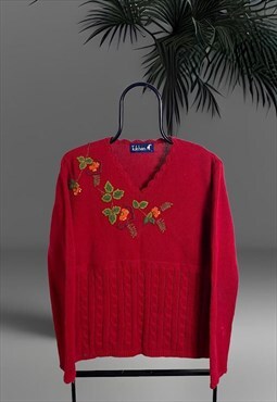 Vintage Knit Red Floral Tulchan Embroidered Sweater L