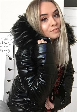 black with black faux fur hood puffer jacket | justyouroutfit | ASOS