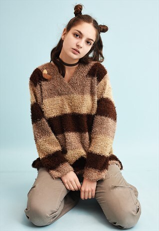 90'S RETRO FLUFFY STRIPED MOMS KNIT JUMPER