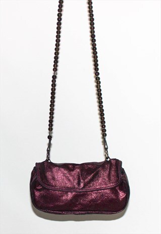 Y2K METALLIC PURPLE LEATHER MINI BEADED CLUBBING HAND BAG