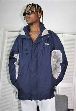 Vintage 90s Blue & Grey Fila Embroidered Spellout Jacket