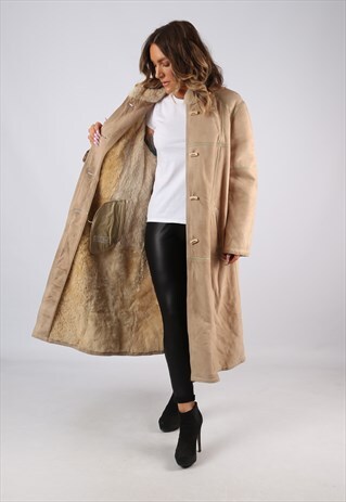 SHEEPSKIN SUEDE LEATHER SHEARLING COAT UK 16 XL (C9DH)