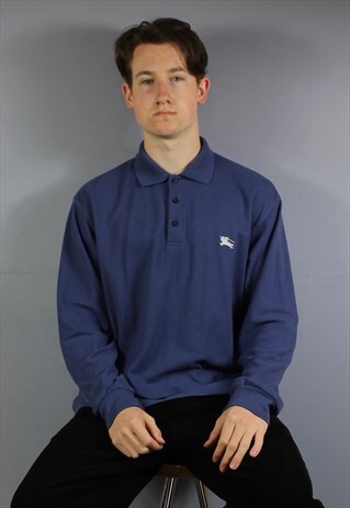 VINTAGE BURBERRY LONGSLEEVE POLO SHIRT IN BLUE WITH EMBROIDE