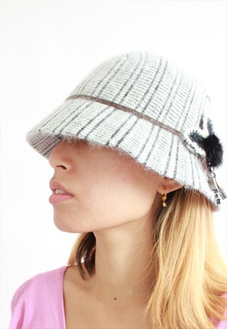 Y2K GREY WOOL PINSTRIPED FLUFFY WINTER HAT