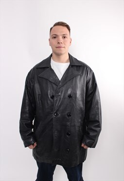 90s black leather jacket, vintage leather overcoat