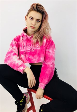 CUTE PINK TIE DYE EMBROIDERED CALIFORNIA CROPPED HOODIE