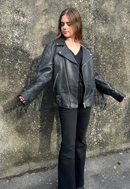 70's Black Leather Vintage Fringed Biker Motorbike Jacket