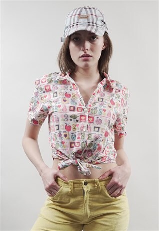 VINTAGE 90'S NAF NAF FRUIT PRINT CROP TIE-UP SHIRT