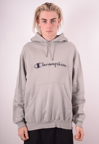 CHAMPION MENS VINTAGE HOODIE JUMPER LARGE GREY 90S