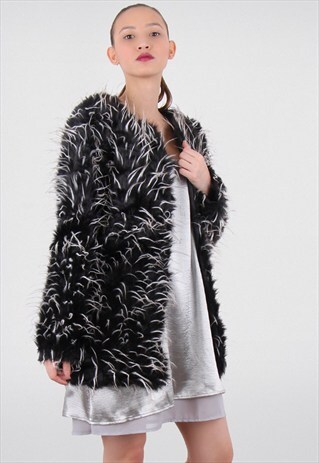 FAUX FUR COAT MONGOLIAN STYLE IN BLACK