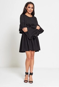 Black Pleated Ruffle Mini Dress