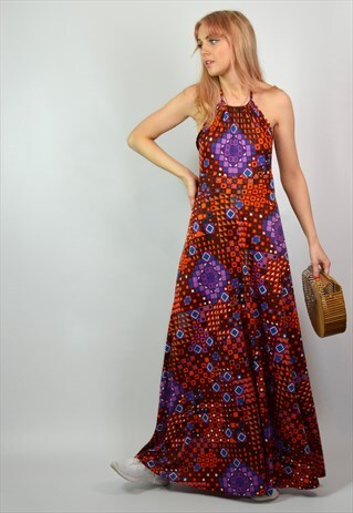 VINTAGE 70S RED & PURPLE PATTERN MAXI HALTER NECK DRESS