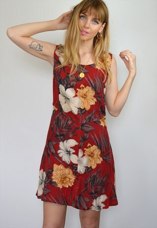 VINTAGE 90S RED FLORAL PRINT MINI SHIFT DRESS