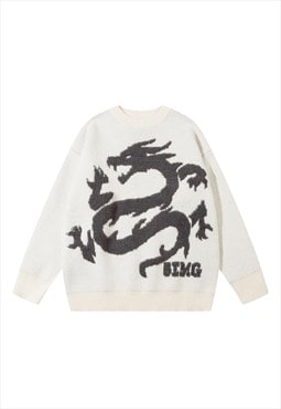 Dragon print sweater monster jumper Japanese pullover white