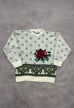 Vintage Knitted Jumper Abstract Rose Flower Patterned Knit