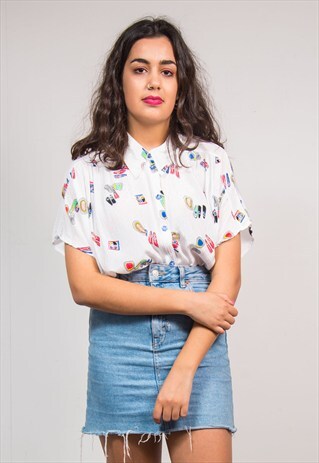 90'S VINTAGE WHITE ABSTRACT PATTERN BLOUSE SHIRT