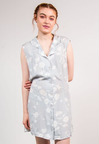 90'S VINTAGE GREY FLORAL PATTERN COLLARED MINI DRESS