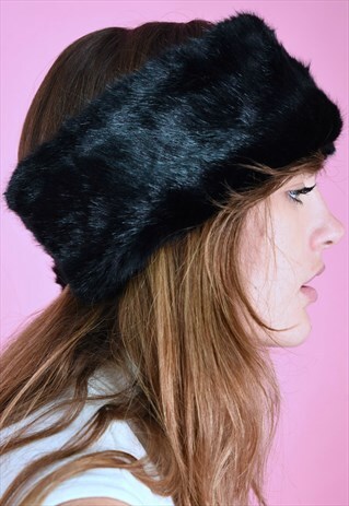 VINTAGE 90S FAUX FUR HEADBAND BLACK WARM WINTER