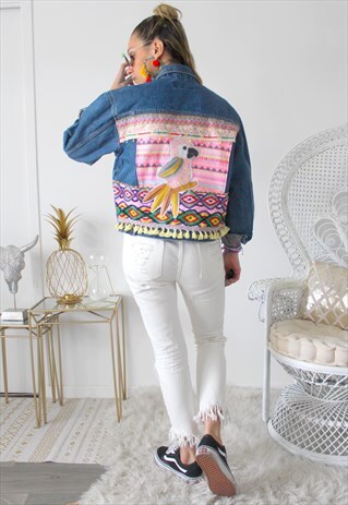VINTAGE JEANS JACKET PRINTED ETHNIC EMBROIDERY