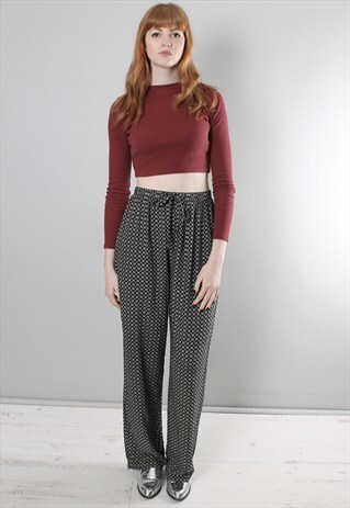 VINTAGE 80S BLACK PATTERNED PYJAMA PANTS TROUSERS