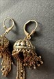 70'S VINTAGE EARRINGS LADIES DARK GOLD METAL TASSEL PIERECED