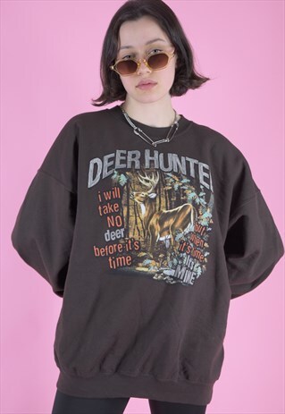 VINTAGE 90S SWEATSHIRT JUMPER IN BROWN WITH DEER PRINT